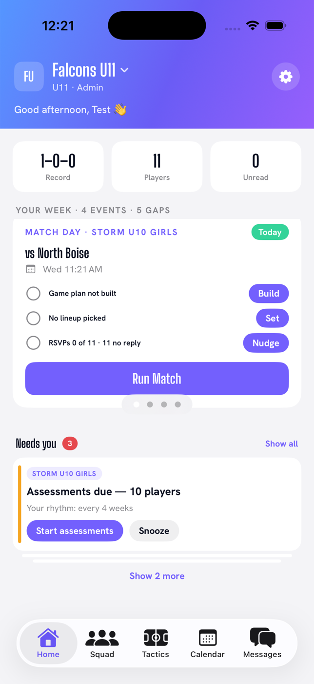 GaffersHub home screen — team record, week deck and match-day card
