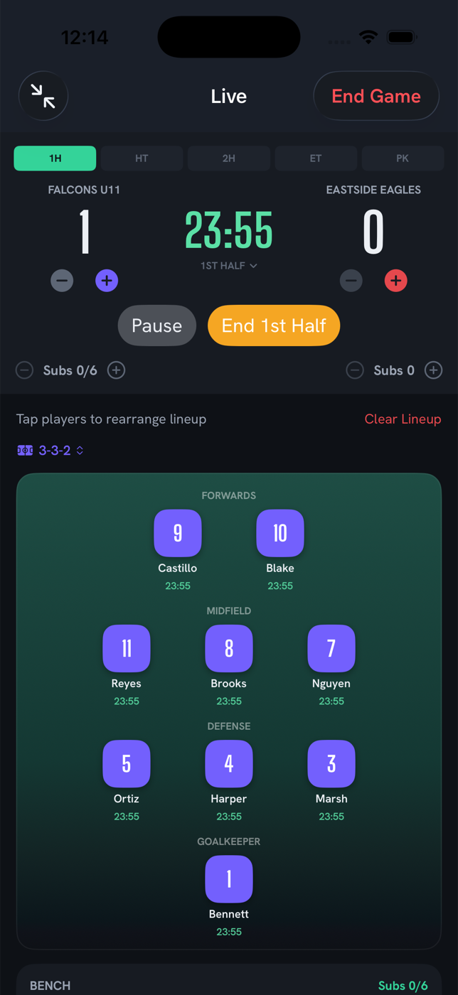 Live match mode — 1–0 with the clock running and per-player minutes