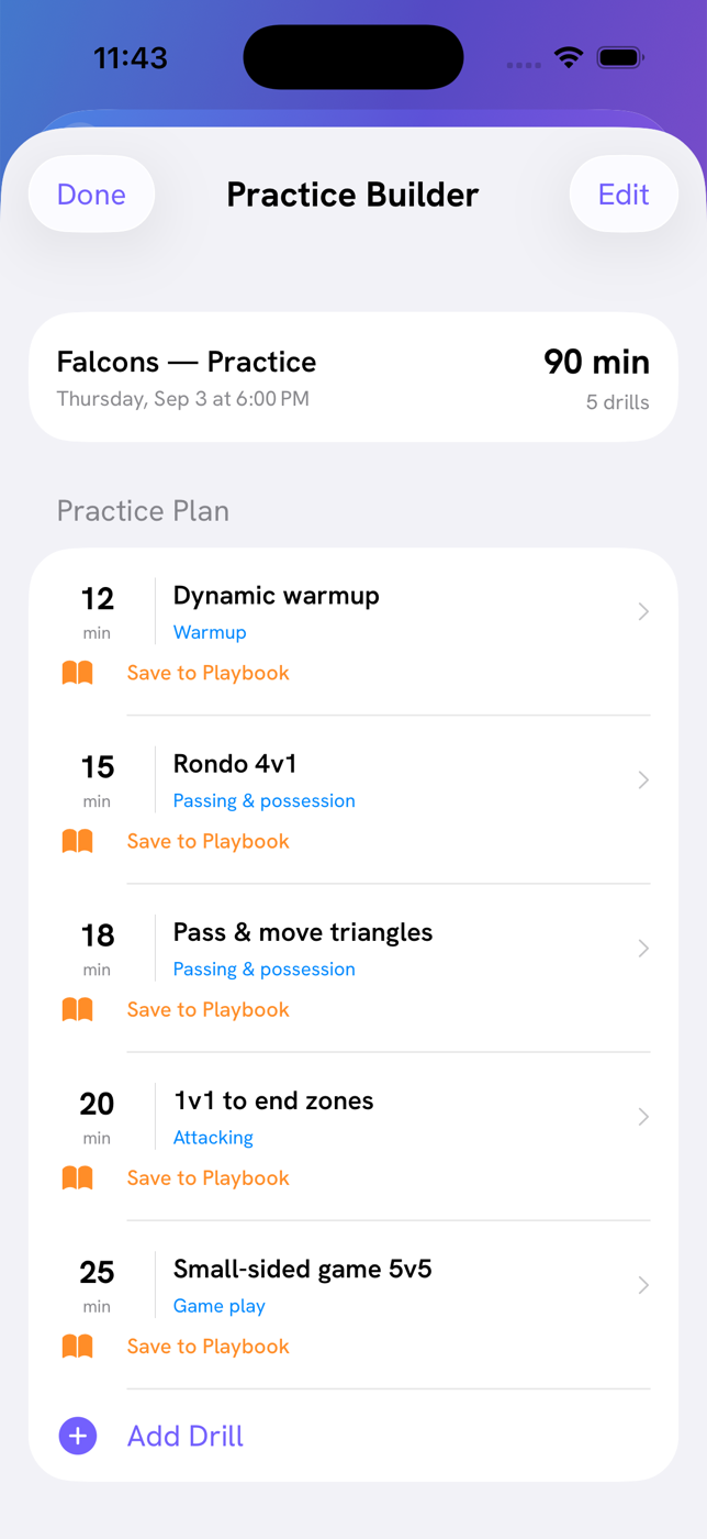 Practice builder — a 90-minute session of five drills